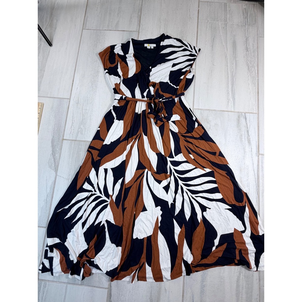 Boden Women 8P Navy Brown Palm Leaf Tropical Jersey Knit Maxi Dress Tie Waist